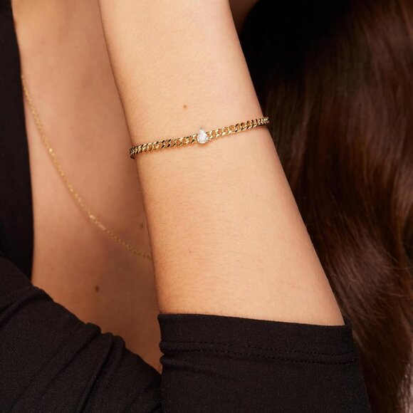 14K Gold Plated Cubic Zirconia Bracelet Bridesmaid Curb Chain Jewelry - Picture 2 of 4